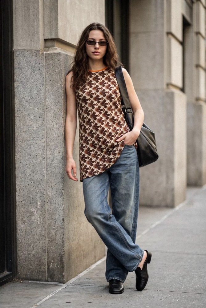 The same dress worn long as a tunic over wide jeans, with loafers and a shoulder bag.