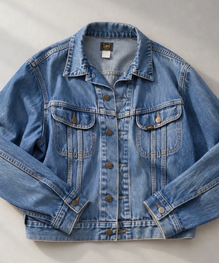 A mid-blue denim jacket laid flat in soft window light, with two chest pockets and brass buttons.